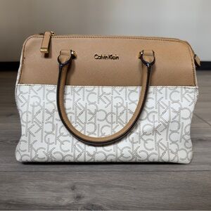 Calvin Klein White & Tan Monogram Signature Everlee Satchel Handbag